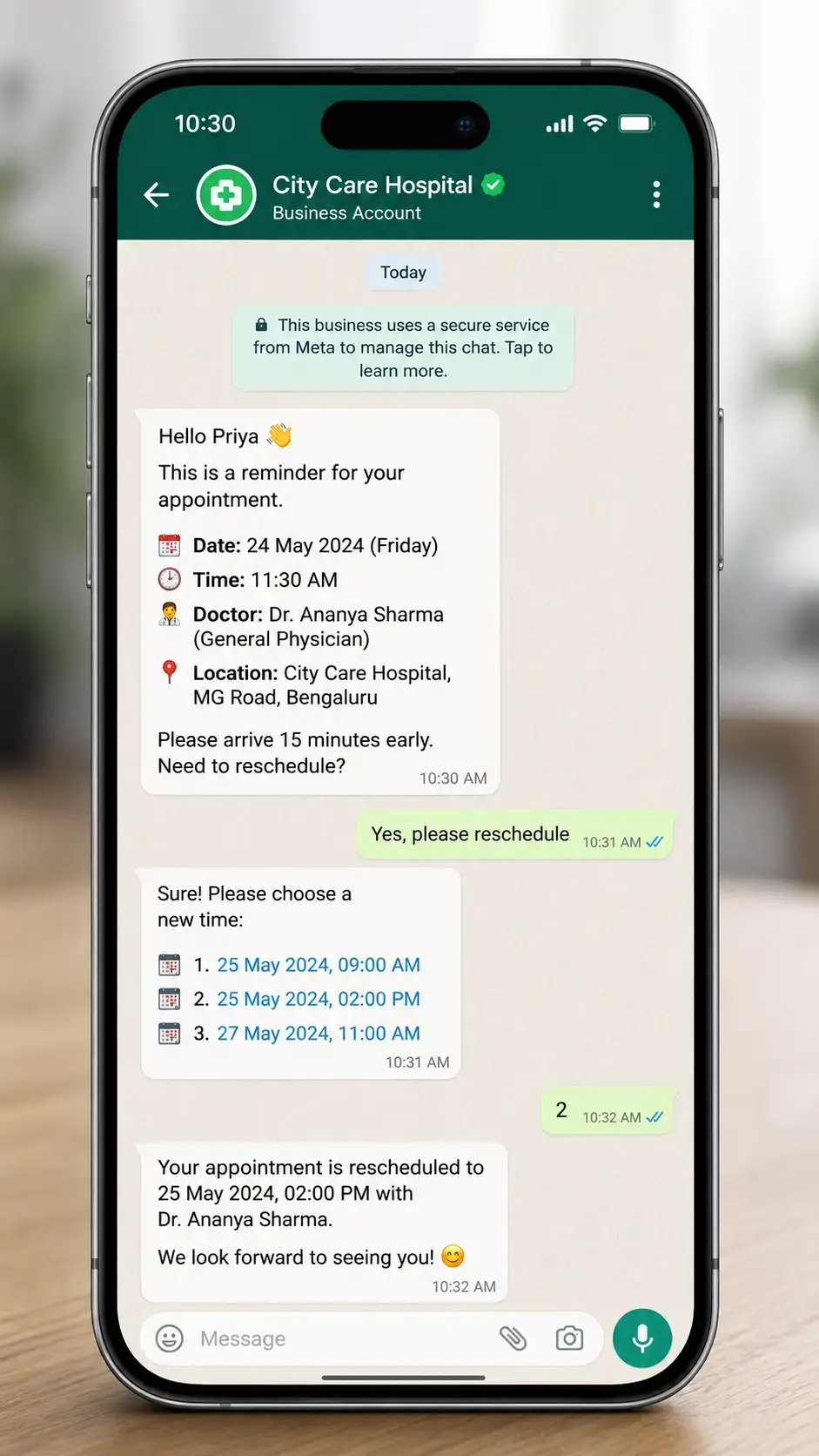 Smartphone showing a WhatsApp Business API healthcare appointment reminder conversation
