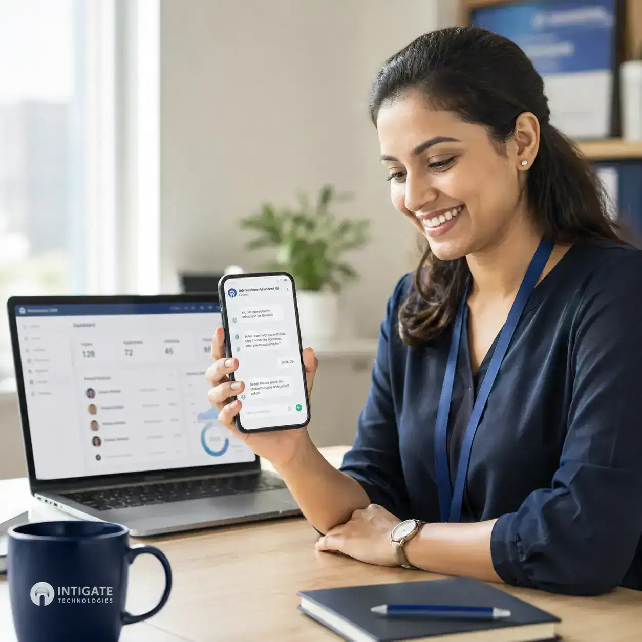 School admissions staff member replying to a parent's admission enquiry on WhatsApp Business API from a laptop