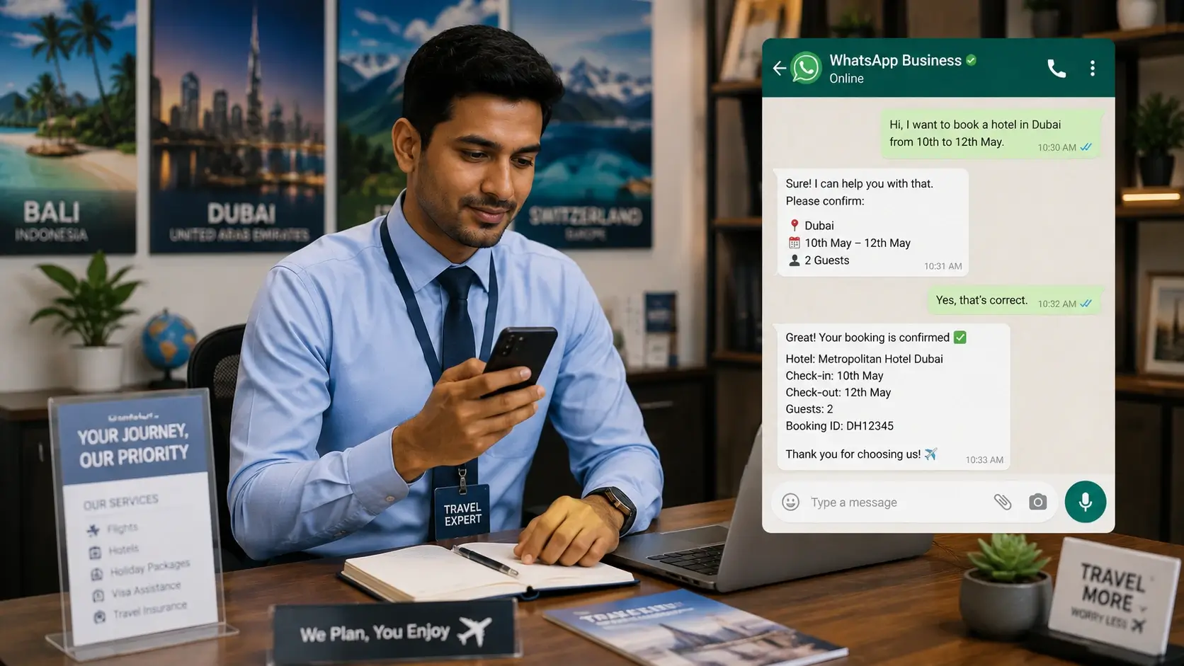 Travel agent confirming a hotel booking over WhatsApp Business API