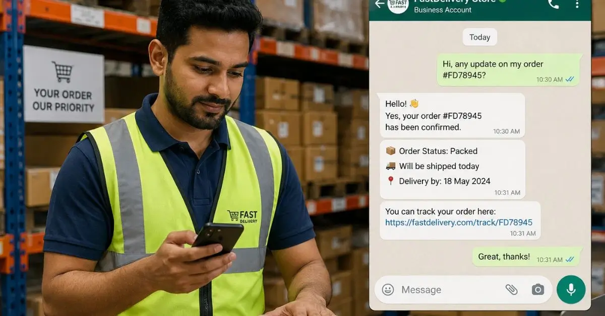 E-commerce warehouse staff checking a WhatsApp order update on a smartphone