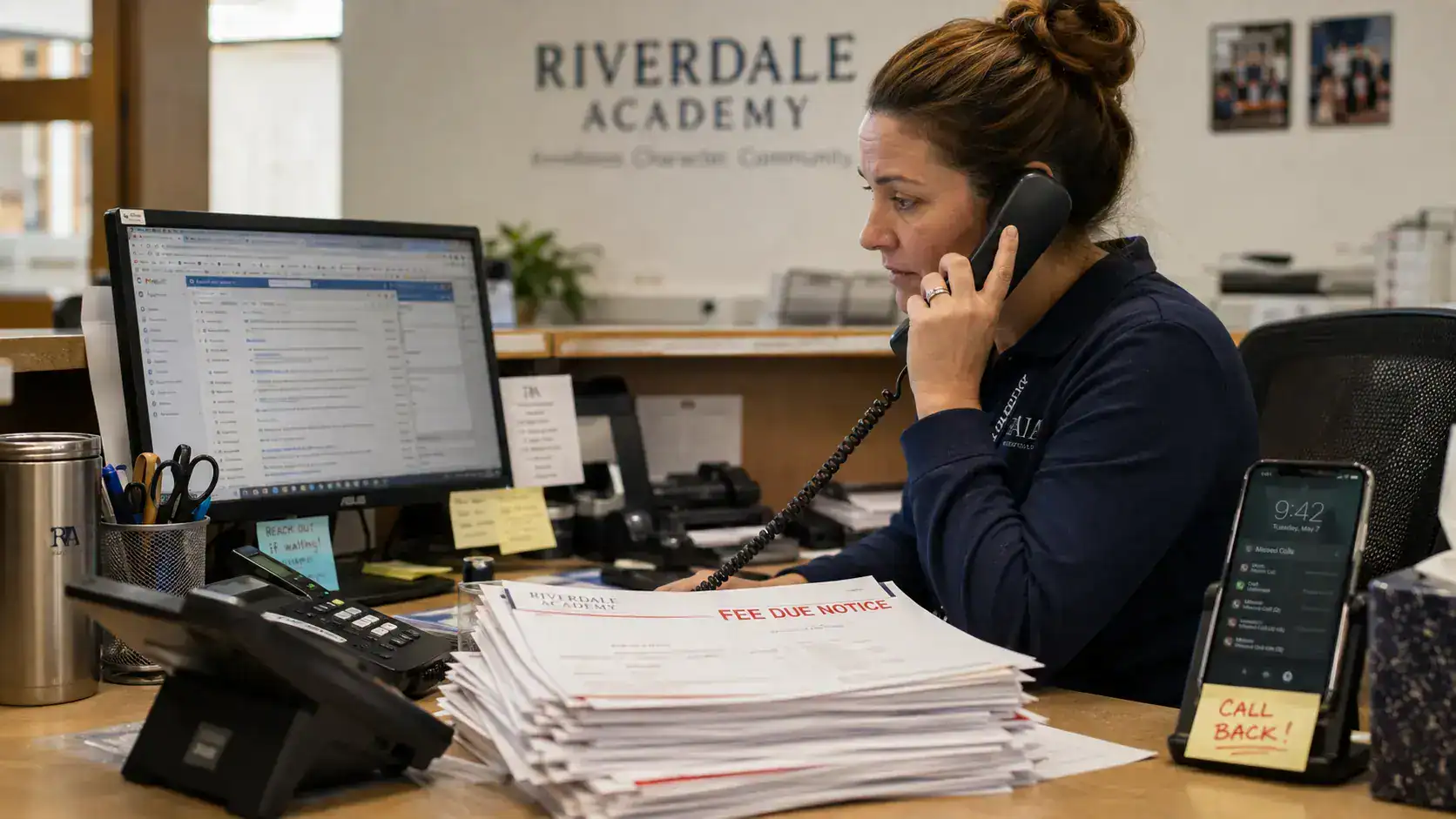 Overwhelmed school front-office staff juggling phone calls, emails, and fee-due notices during admission season