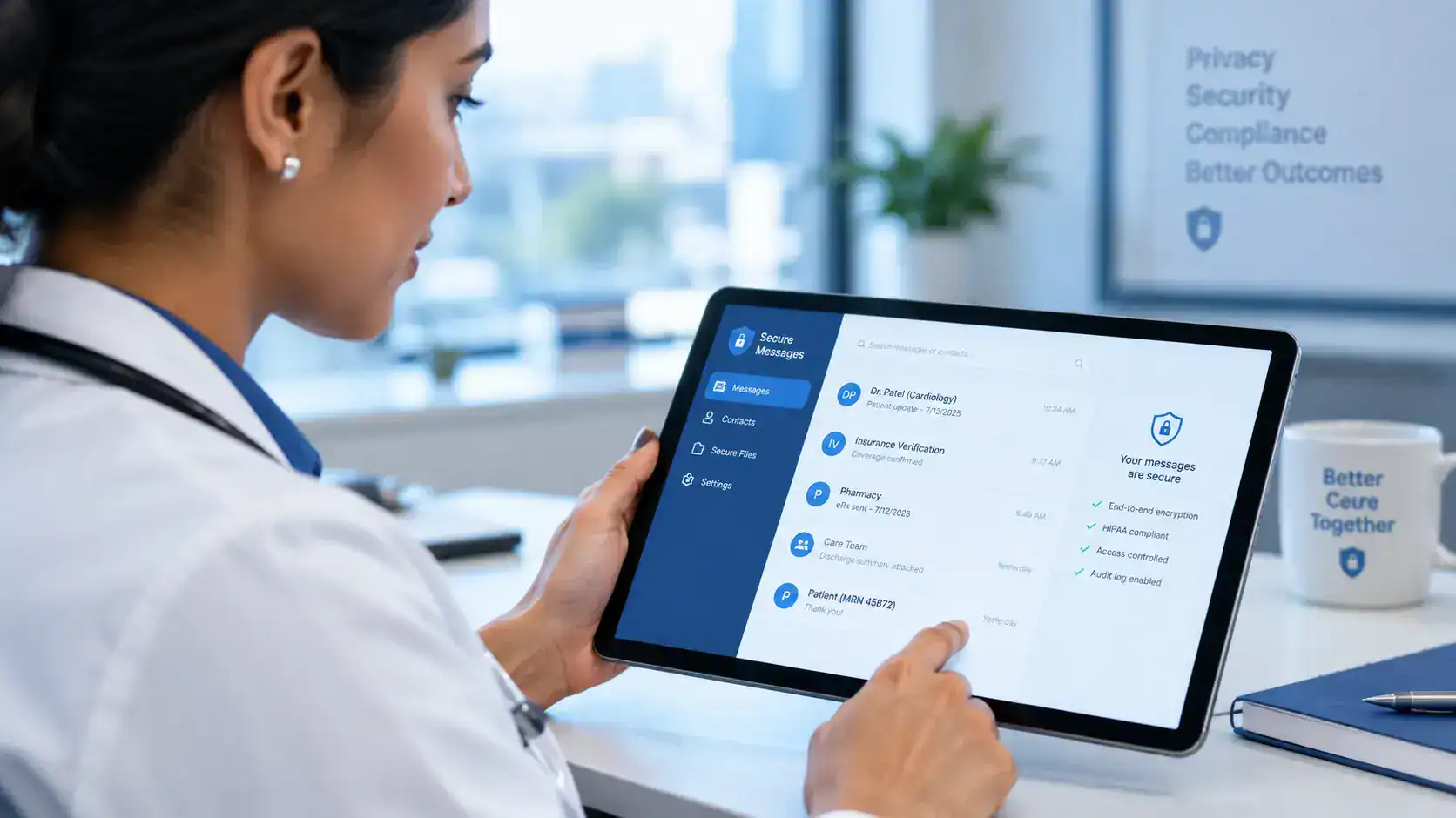 Healthcare and fintech professional using secure WhatsApp Business API messaging, reflecting Intigate's compliance experience in regulated industries