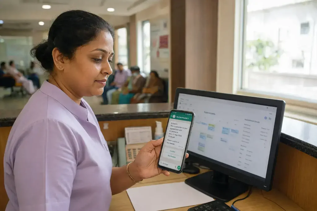 Hospital receptionist checking a WhatsApp appointment reminder next to a patient scheduling screen