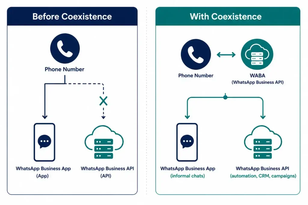 Diagram showing WhatsApp Coexistence syncing App and API on one number