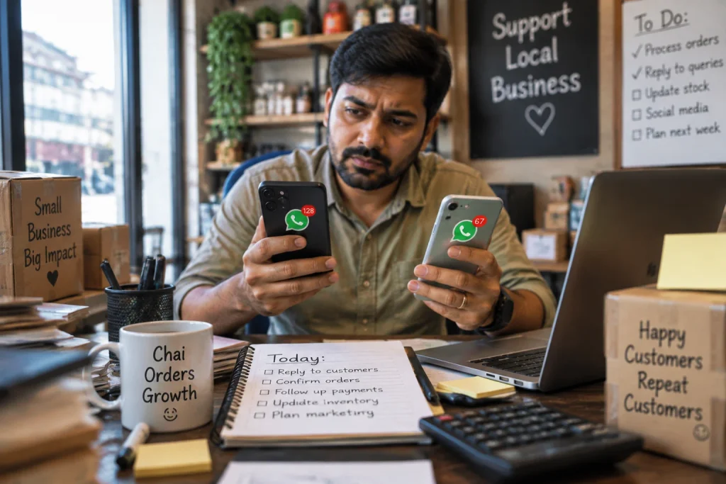 Small business owner managing overflowing WhatsApp chats on two phones
