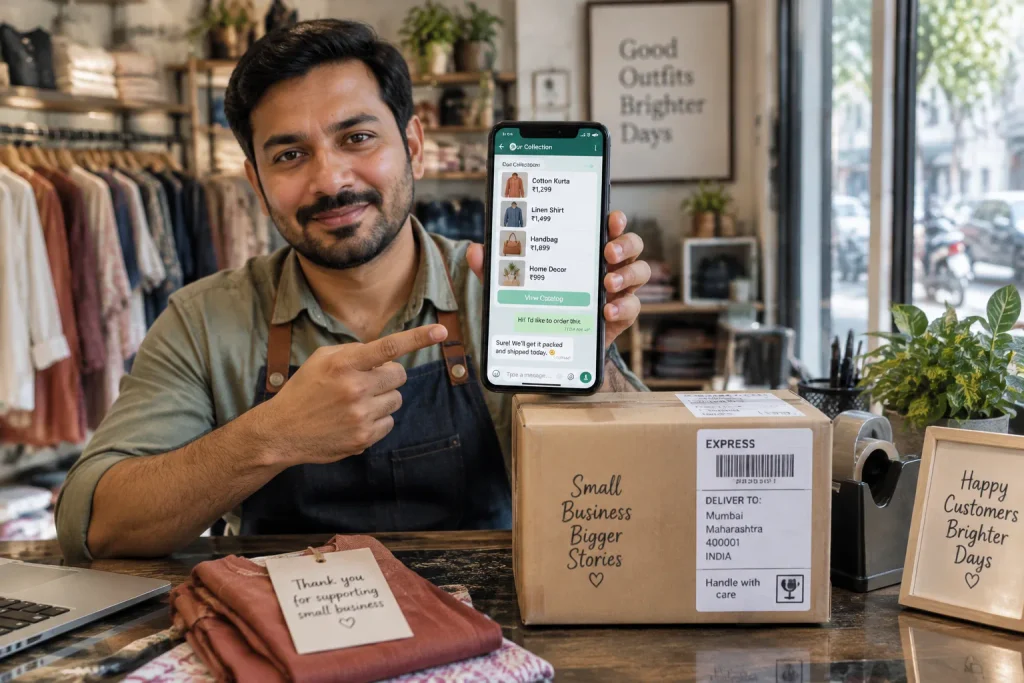 Retail store owner managing orders through a WhatsApp Business catalog